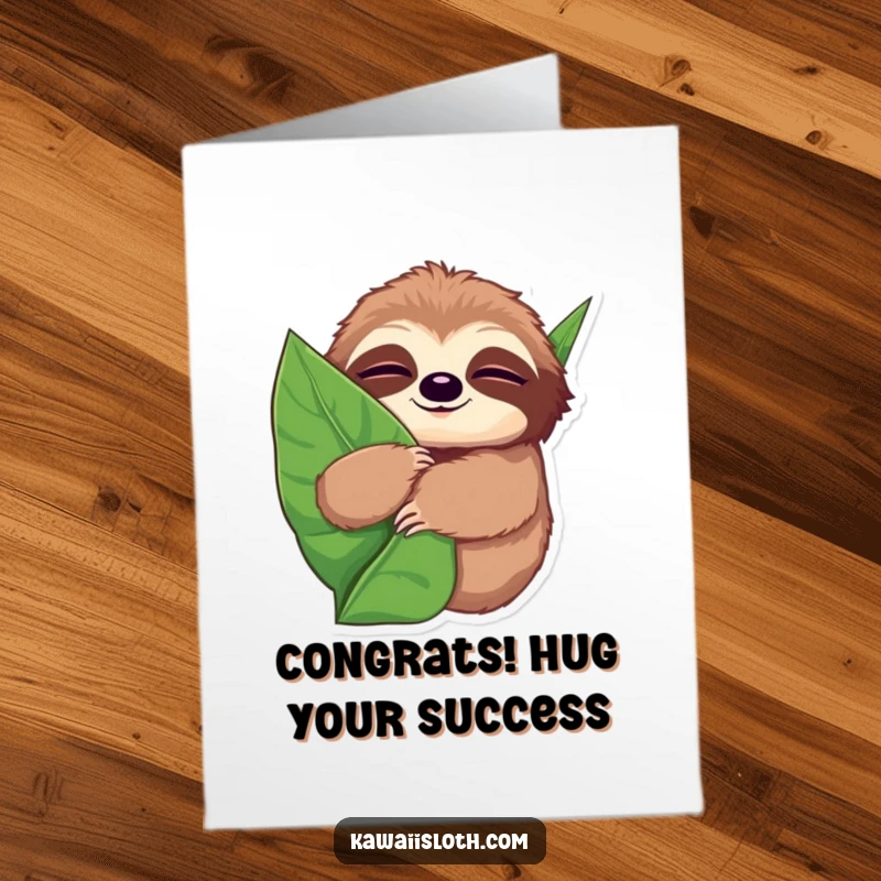 Funny Free Printable Congrats Card: A sloth with sleepy eyes hugs a large leaf, offering congratulations.