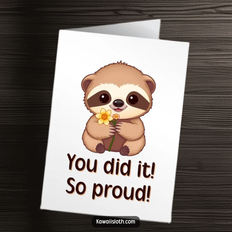Funny Free Printable Congratulations Card: A sloth tenderly offers a tiny flower, celebrating milestones with adorable, slow-moving sweetness.