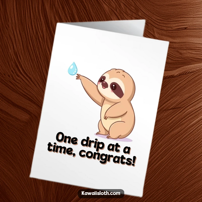 Funny free printable congratulations card featuring a kawaii sloth slowly extending an arm towards a shimmering dewdrop, symbolizing achievement.