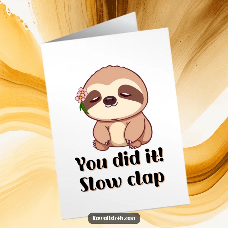 Funny Free Printable Congratulations Card: A smiling sloth with a flower celebrates achievements with peaceful, humorous vibes.