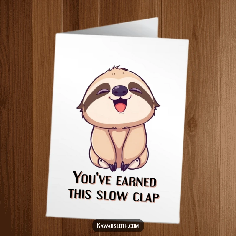 Funny Free Printable Congratulations Card featuring a sloth playfully yawning, revealing a hint of a smile.