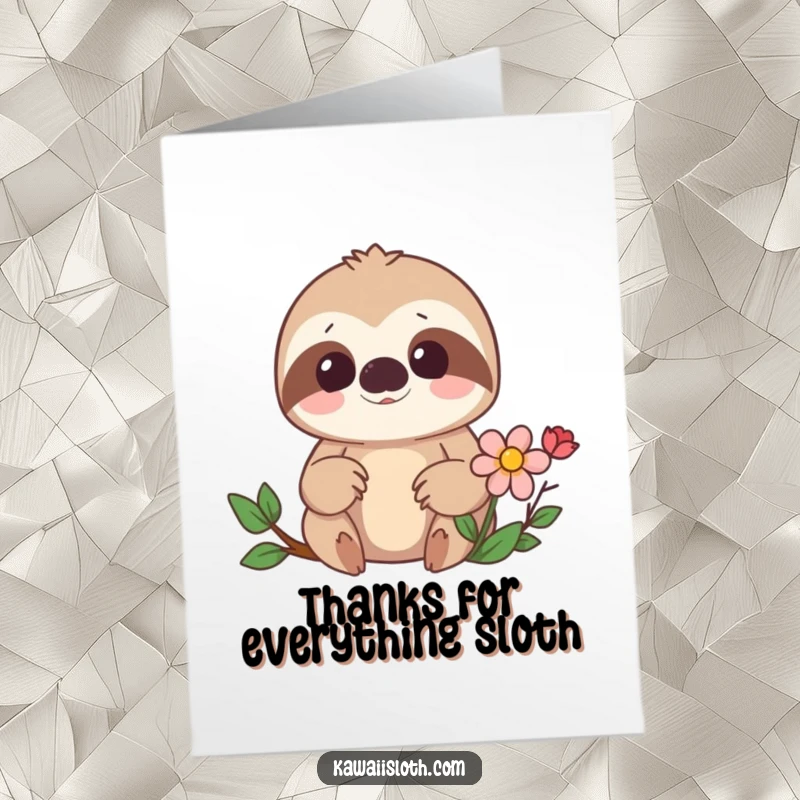 Funny Free Printable Thank You Card: A surprised sloth finding a flower, great for a DIY appreciation gift