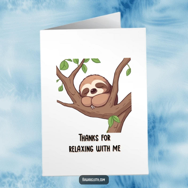 Funny Free Printable Thank You Card with a contented sloth peacefully napping on a branch, giving thanks with a sigh.