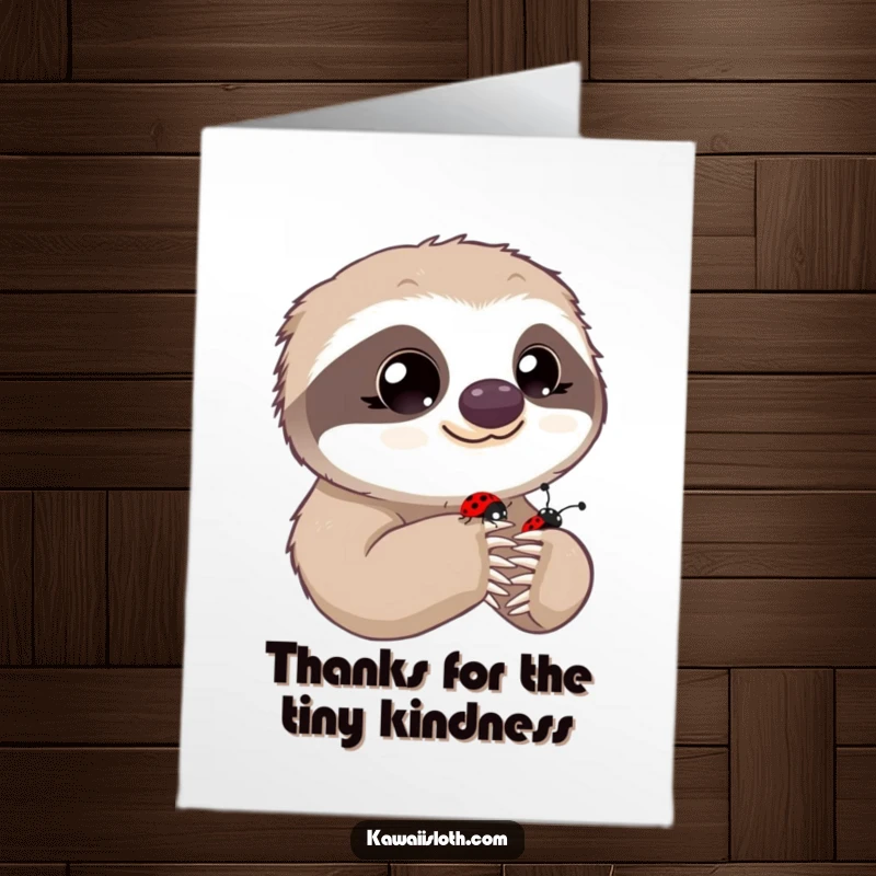 Funny Free Printable Thank You Card with a sloth’s innocent eyes observing a tiny ladybug on its paw, saying thank you.
