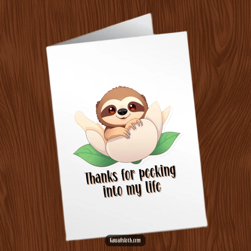 Funny Free Printable Thank You Card: Sloth peeking out from a giant flower bud, a cute and shy thank you gesture.