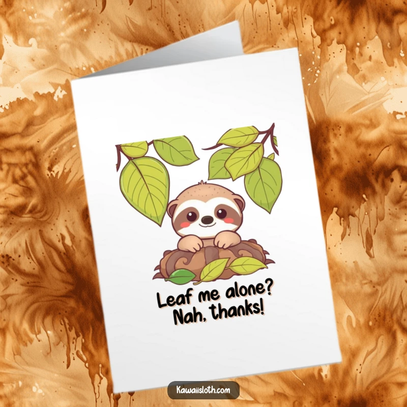 Funny Free Printable Thank You Card: A sweet sloth smiles gently while peeking out from a cozy leaf pile.