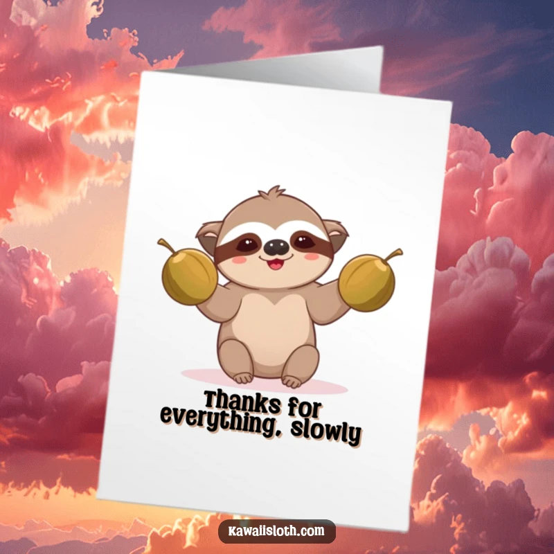 Funny Free Printable Thank You Card: A sloth attempts to juggle two coconuts with great concentration.