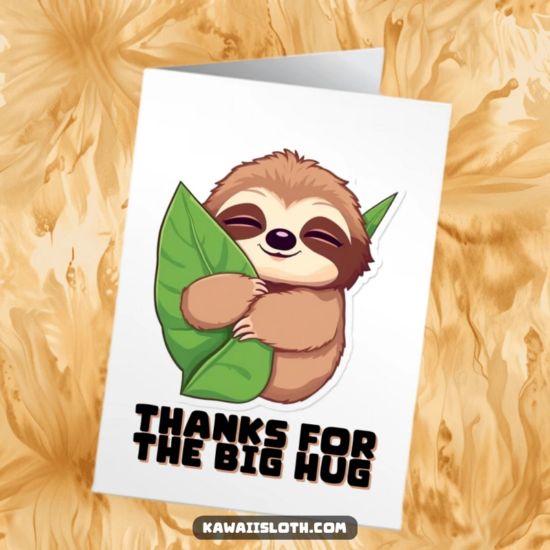 Funny Free Printable Thank You Card: A sloth with wide, sleepy eyes embraces a giant leaf.
