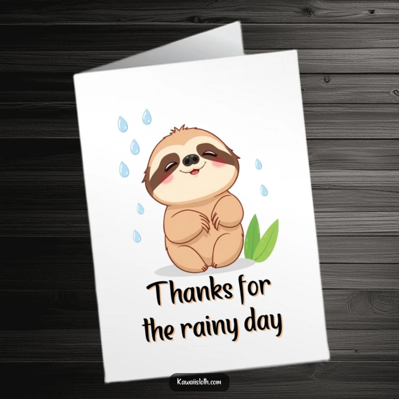 Funny Free Printable Thank You Card: A sloth smiling contentedly while catching falling raindrops, grateful for simple things.