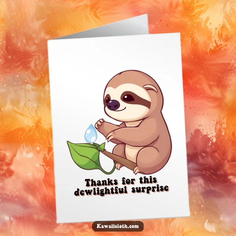 Funny Free Printable Thank You Card: Sloth tentatively reaches for a dewdrop, a funny metaphor for thoughtful gratitude.
