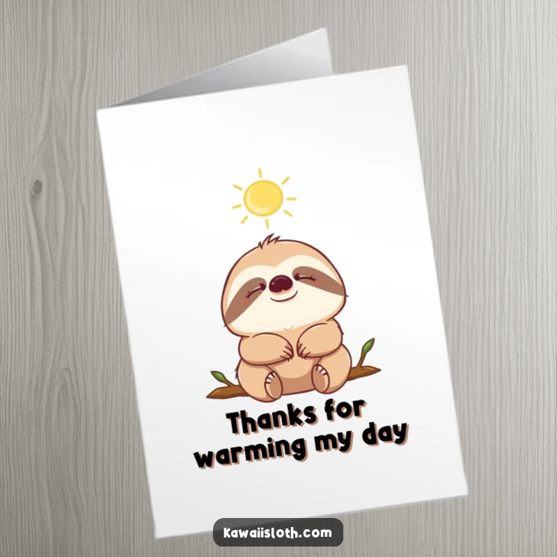 Funny free printable thank you card: A content sloth with eyes closed, soaking up a warm sunbeam, radiating peaceful thankfulness.