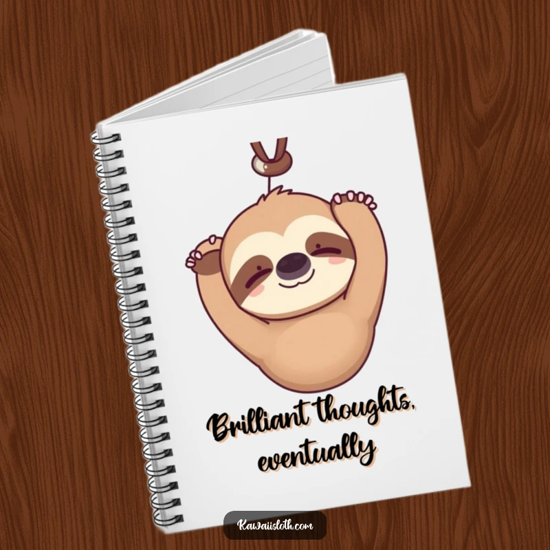 Funny kawaii sloth notebook hanging upside down serenely blinking with a faint smile, showcasing a cute character and inspiring calm notes.