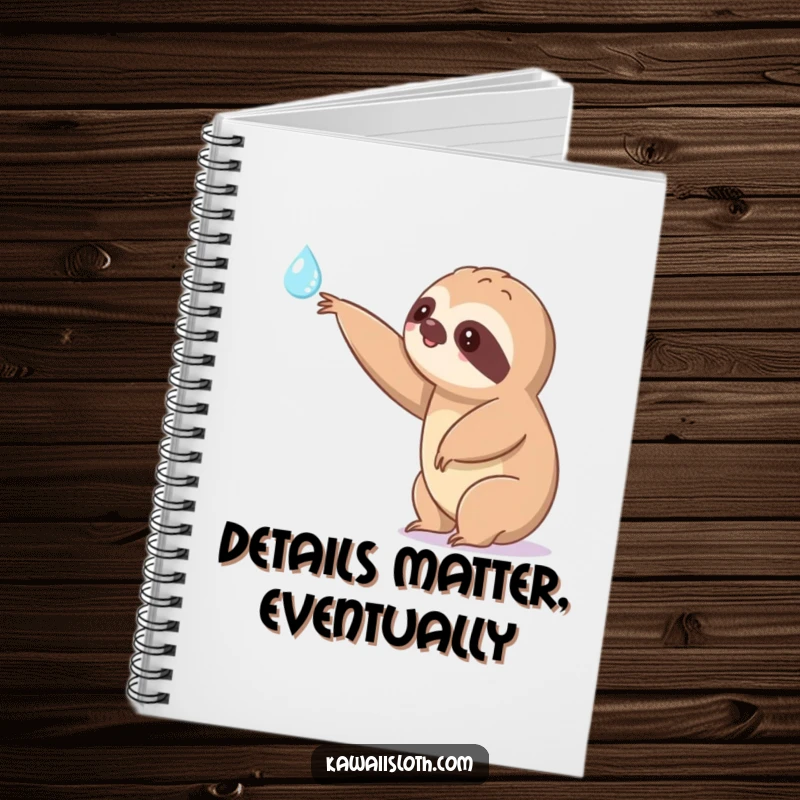 Funny kawaii sloth notebook extending a slow arm towards a shimmering dewdrop, showcasing a cute character and inspiring patient planning.
