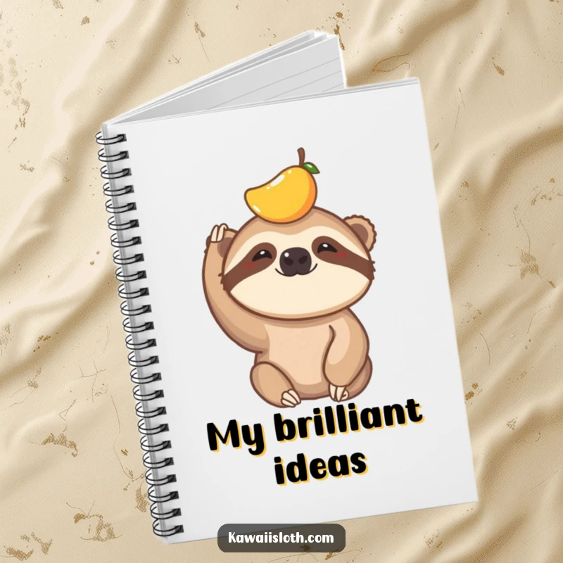 Funny notebook with a cover showing a sloth humorously trying to balance a small piece of fruit on its head, for note-taking.