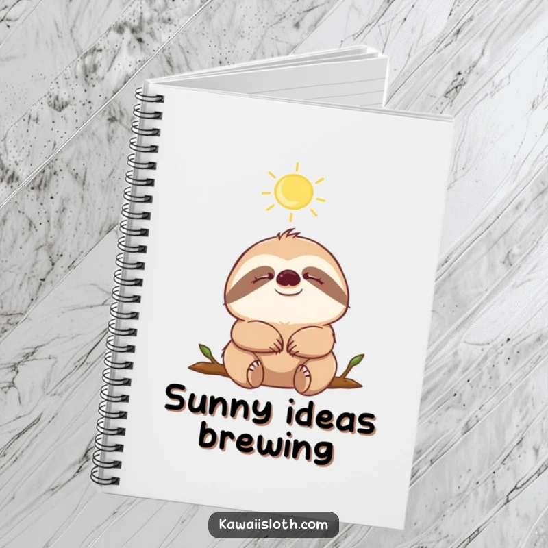 Funny sloth with eyes closed, enjoying a sunbeam, on a notebook cover, ideal for journaling and reflection.