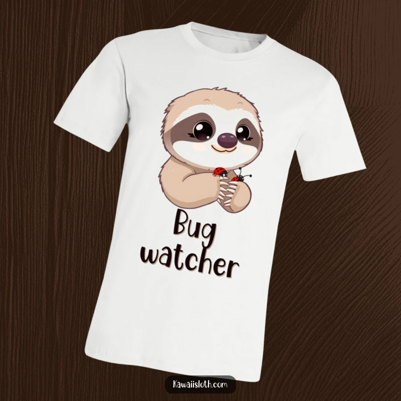 Funny t-shirt with a sloth's wide, innocent eyes observing a ladybug on its paw, a humorous and tender scene.