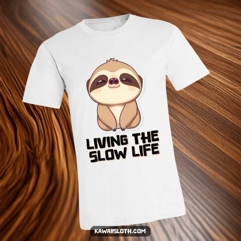 Funny Content Sloth T-Shirt: a sloth with slow blinking, wide, content eyes, radiating pure joy.