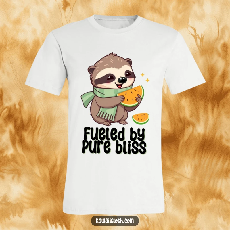 Funny T-shirt of a sloth with a scarf happily taking a bite out of a piece of fruit, looking content.