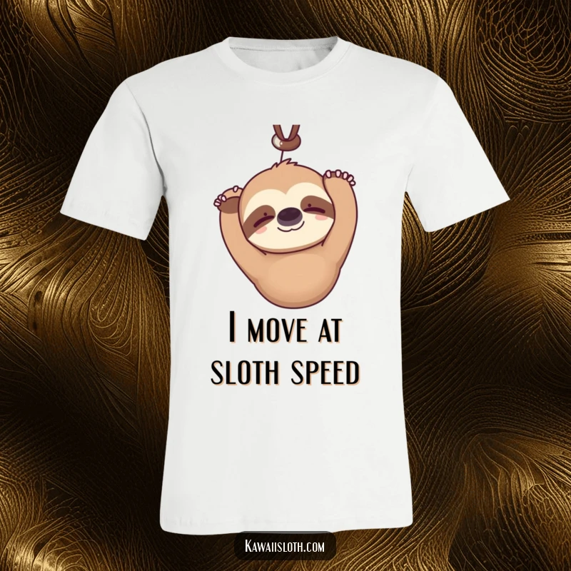 Funny kawaii sloth t-shirt hanging upside down serenely blinking with a faint smile, depicting a cute and humorous character for casual wear.