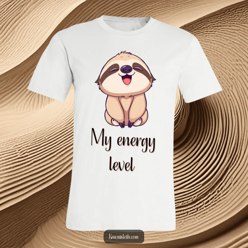 Funny t-shirt depicting a sloth playfully yawning, with a subtle, happy smile, radiating pure, relaxed joy.