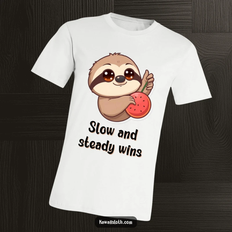 Funny T-Shirt: A sloth with oversized eyes makes a slow, deliberate reach for a hanging, juicy piece of fruit.