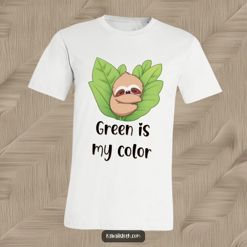 Funny t-shirt featuring a sloth embracing a large plant with pure contentment. Highlights nature, peace, and gentle humor.