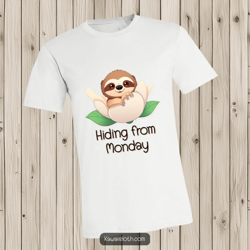 Funny t-shirt with a sloth peeking from behind a giant flower bud. Captures shy curiosity and playful, hidden humor.