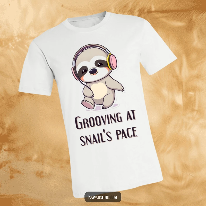 Funny sloth wearing headphones, tapping its foot to a beat, printed on a soft t-shirt, a humorous expression.