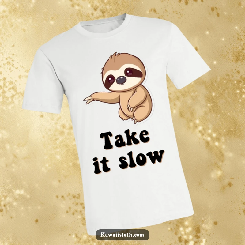 Kawaii sloth t-shirt, cute animal design, reaching out arm, gentle embrace, slow and steady, adorable apparel, cute gift.