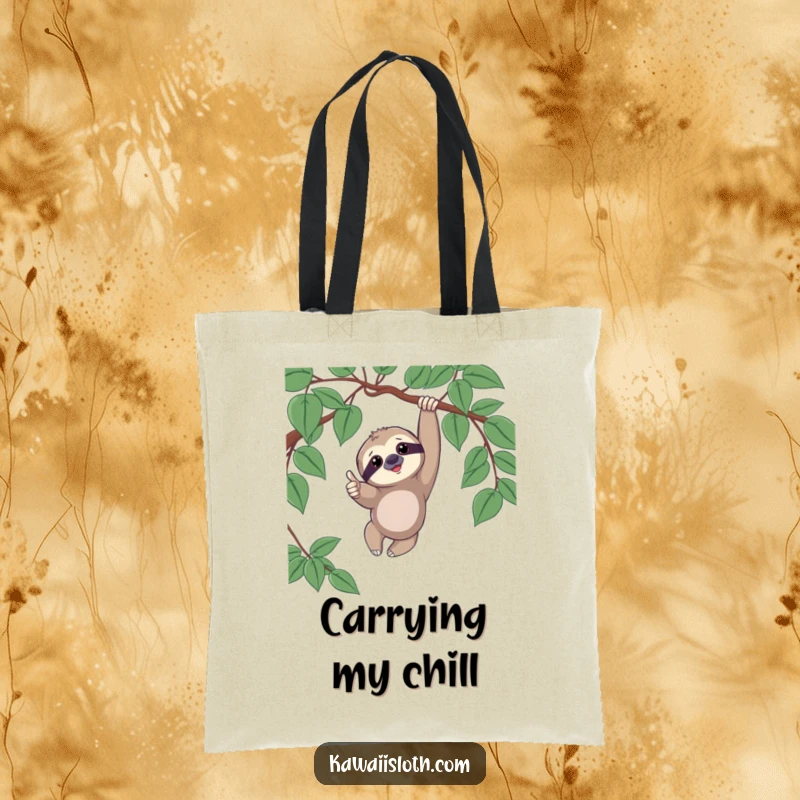 Funny tote bag showing a sloth playfully dangling from a vine, giving a thumbs up with a happy and relaxed attitude.