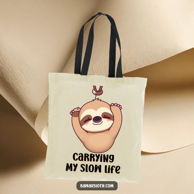 Funny kawaii sloth tote bag hanging upside down serenely blinking with a faint smile, depicting a cute and humorous character for practical use.