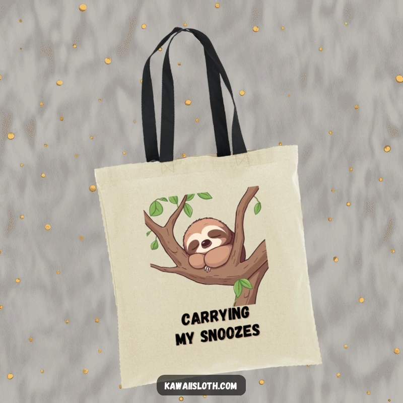 Funny tote bag featuring a contented sloth napping peacefully on a tree branch, a humorous and relaxing accessory.