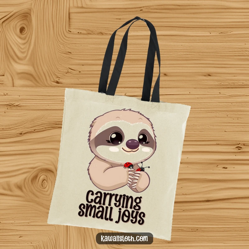 Funny tote bag featuring a sloth with innocent eyes observing a ladybug on its paw, a humorous and charming accessory.