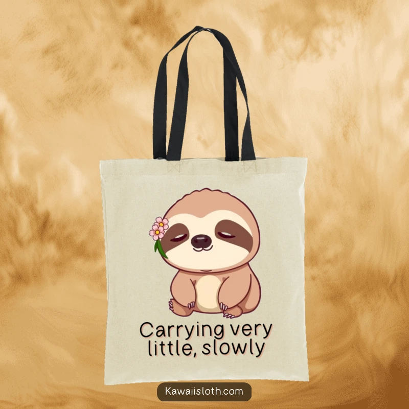 Funny Sloth Tote Bag: a peaceful sloth wearing a small flower, ideal for stylish and eco-friendly carrying.