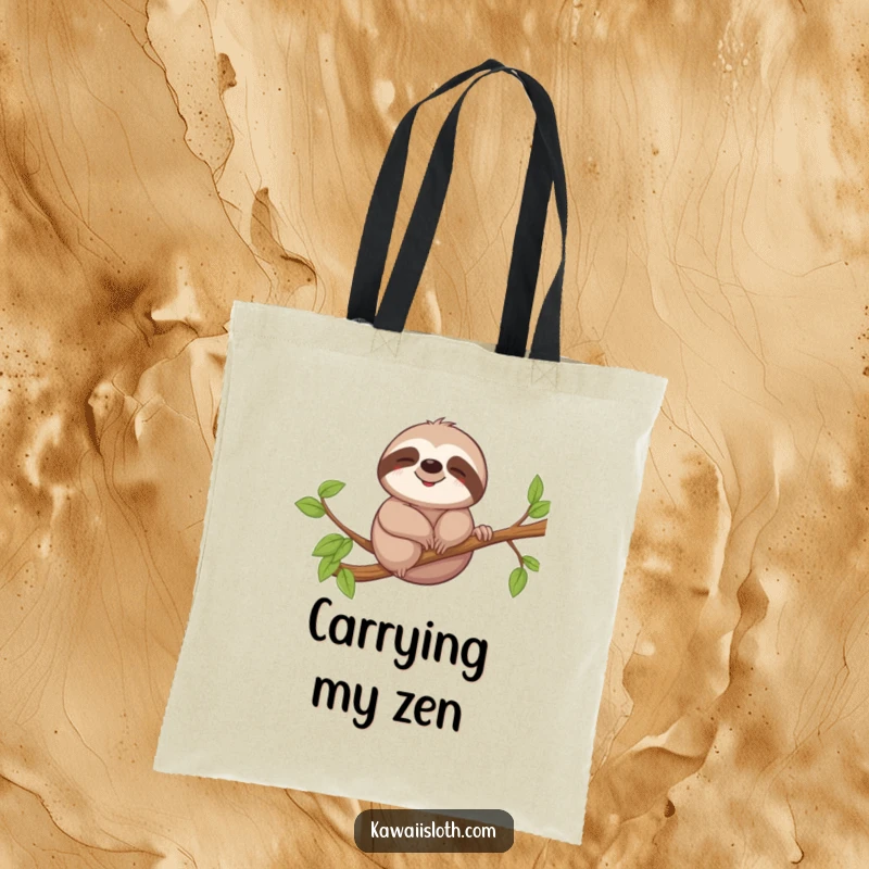 Funny tote bag with a smiling sloth gently swaying on a branch, carrying a message of relaxation and slow living.