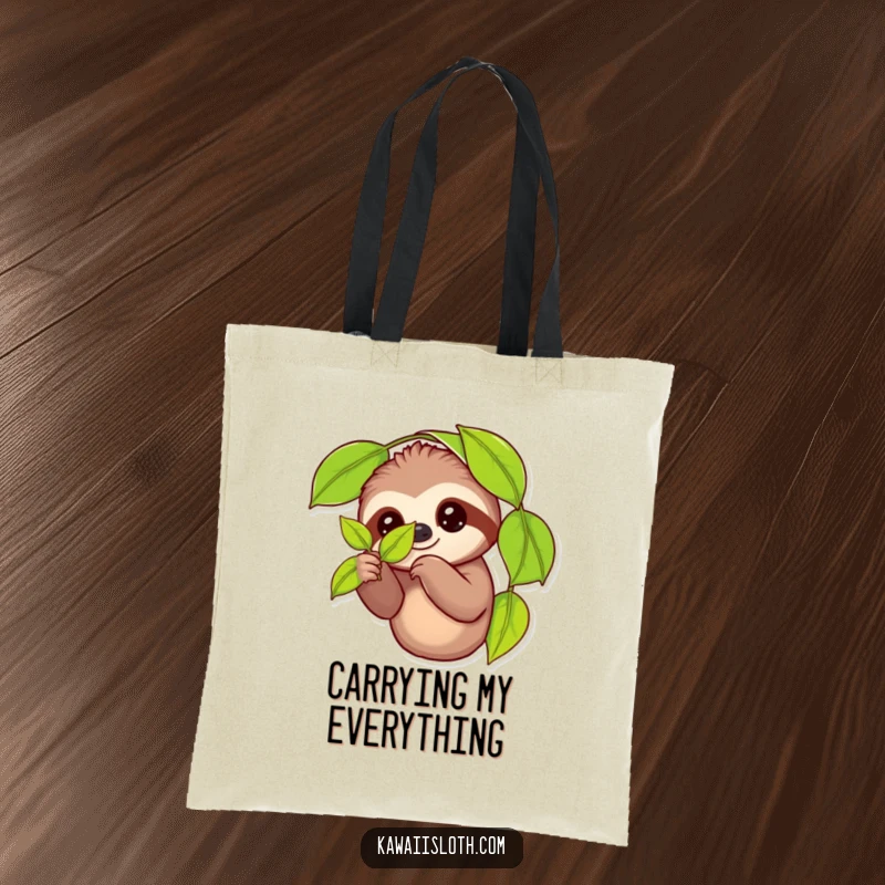 Funny tote bag featuring a delightful sloth holding a leaf, perfect for carrying groceries or daily items with a humorous and charming touch.