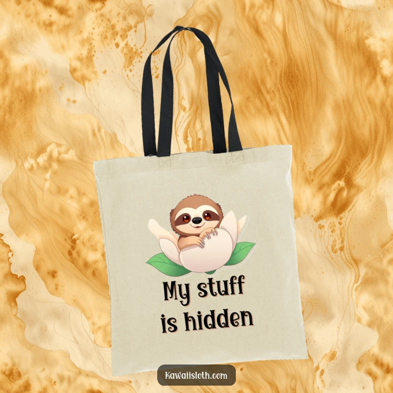 Funny tote bag featuring a sloth peeking from behind a large flower bud. Offers a humorous and stylish way to carry items.