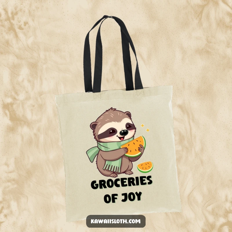 Funny tote bag featuring a sloth in a scarf happily eating fruit, perfect for carrying essentials with a smile.