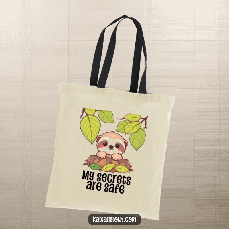 Funny tote bag depicting a smiling sloth peeking from a pile of vibrant green leaves, perfect for eco-friendly style.